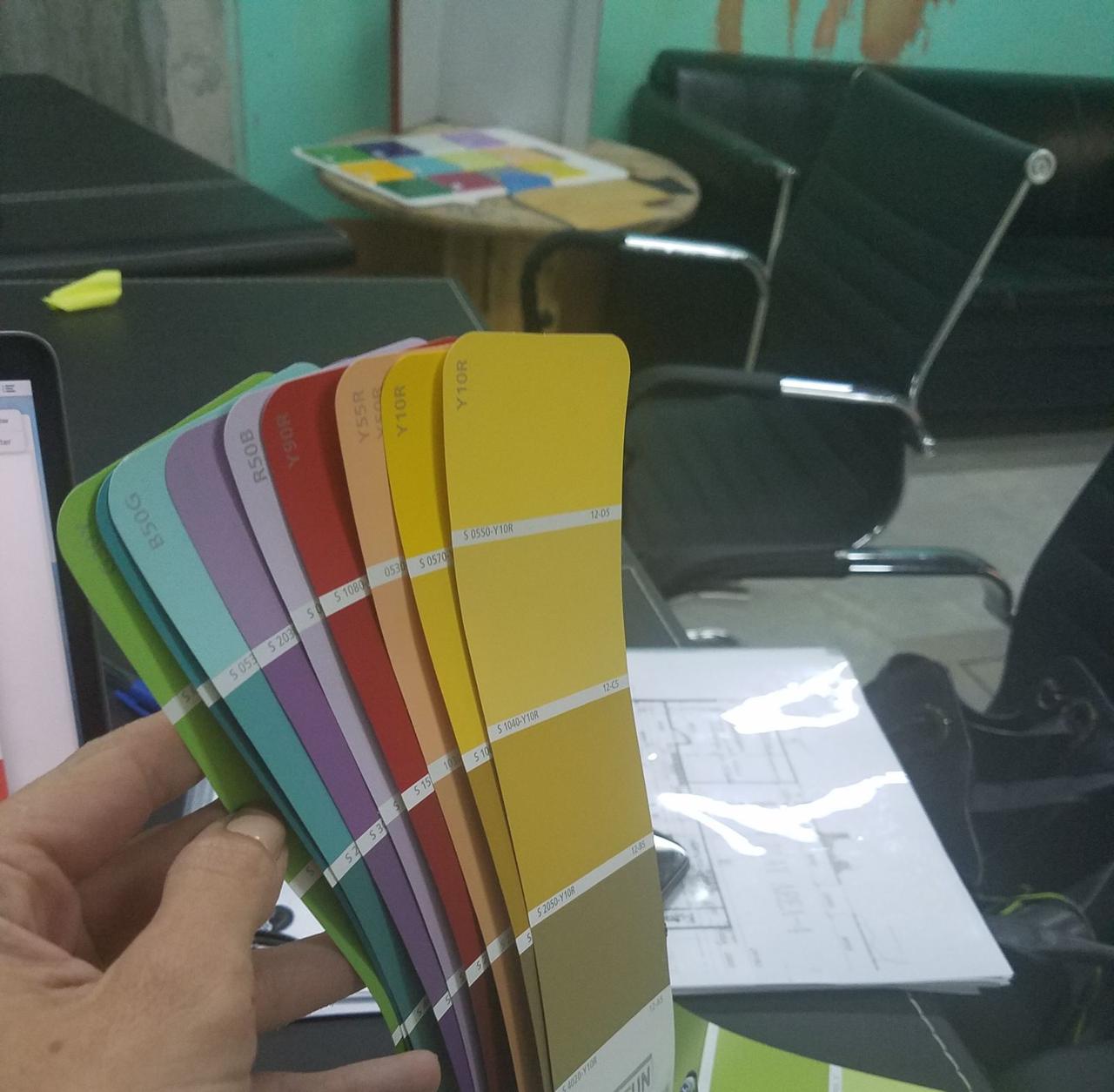 Hands fanning through paint swatches while choosing a colour palette.