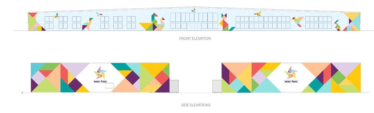 Exterior elevation drawings for woo-hoo!, wrapped in colourful tangram shapes.