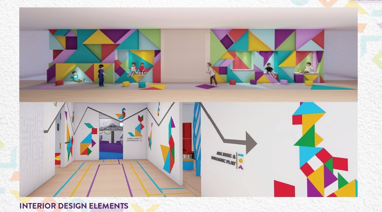 A design board showing a colourful tangram welcome wall and tangram wayfinding through the halls.
