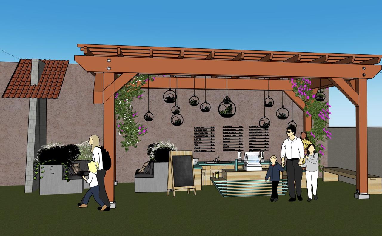 A concept sketch of a garden coffee cart under a timber pergola with families.