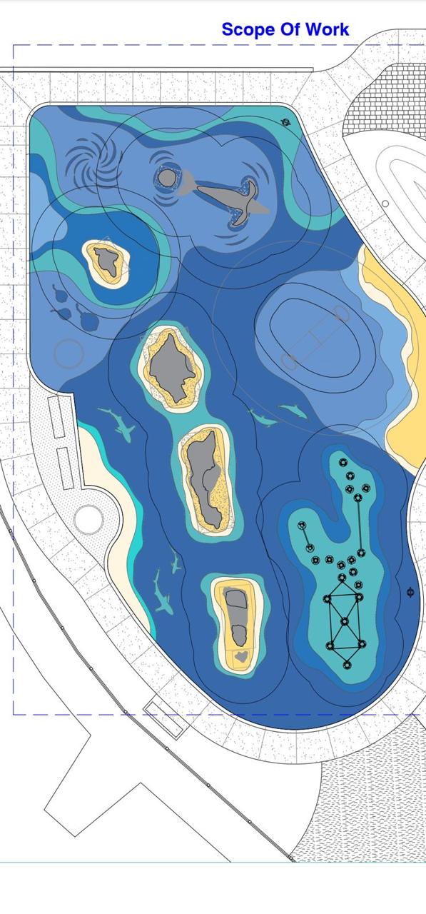 A colour site plan of the kidSTREAM water-play area shaped like the Channel Islands.