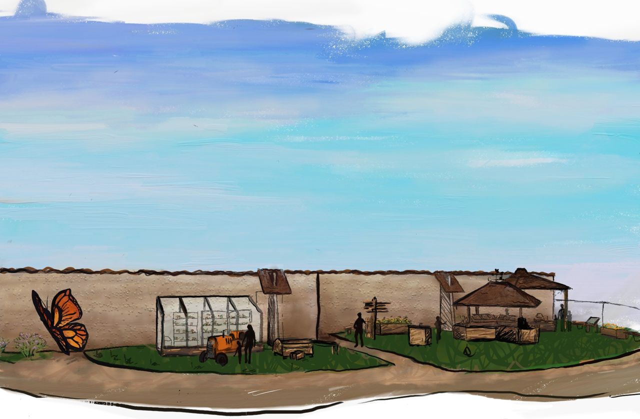 A painted concept sketch of a garden with a greenhouse, tractor and giant monarch butterfly.