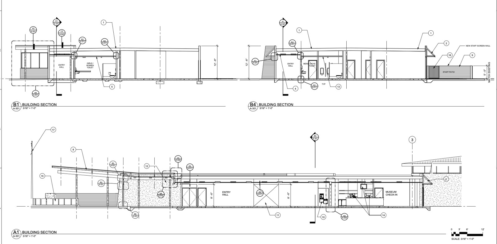 Architectural building sections showing the entry hall, restrooms and museum check-in.